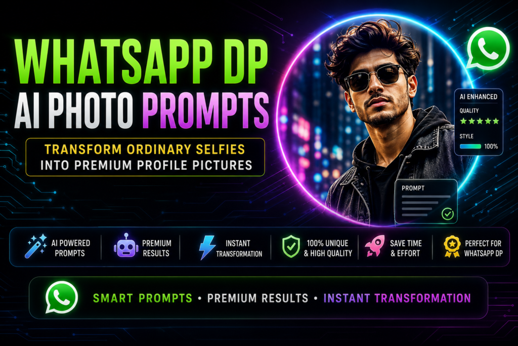 WhatsApp DP AI Photo Prompts guide featuring premium profile pictures, professional portraits, influencer style DPs and luxury WhatsApp profile images