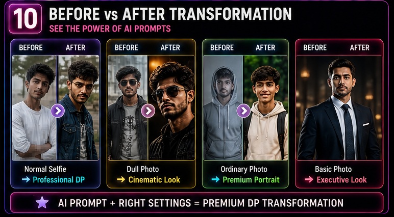 WhatsApp DP AI Photo Prompts before and after transformation examples showing premium profile picture results