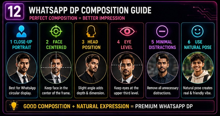 WhatsApp DP AI Photo Prompts composition guide with face positioning eye level and professional framing