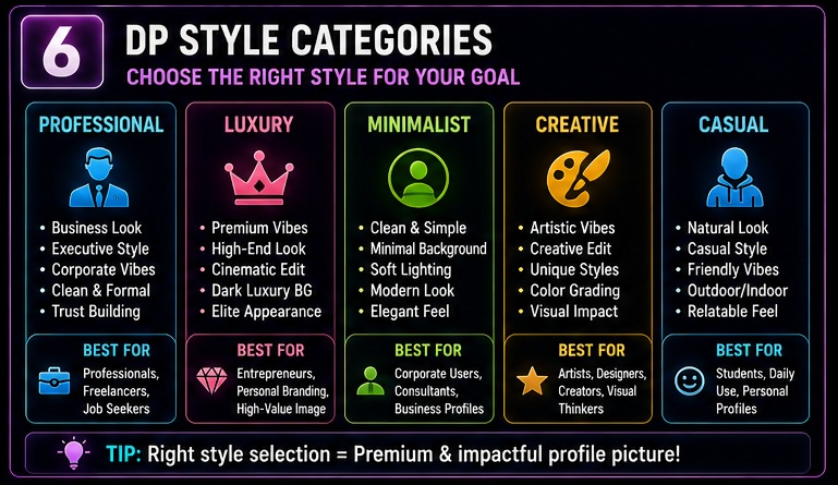 WhatsApp DP AI Photo Prompts style categories including professional luxury minimalist creative and casual profiles
