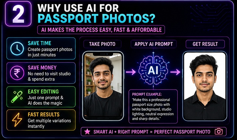 Passport Size Photo AI Prompts showing benefits of creating passport photos from home using AI tools