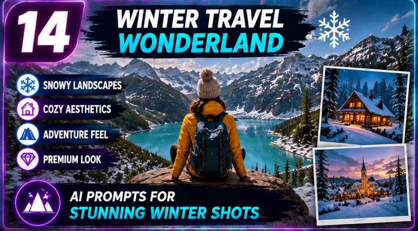 Travel Influencer AI Photo Prompts winter travel wonderland photography with luxury destination aesthetics