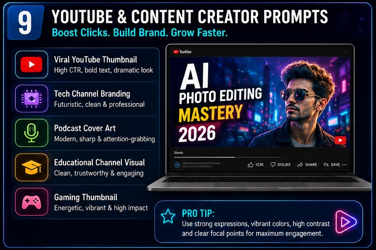 YouTube and content creator AI Photo Editing Prompts for high CTR thumbnails and personal branding