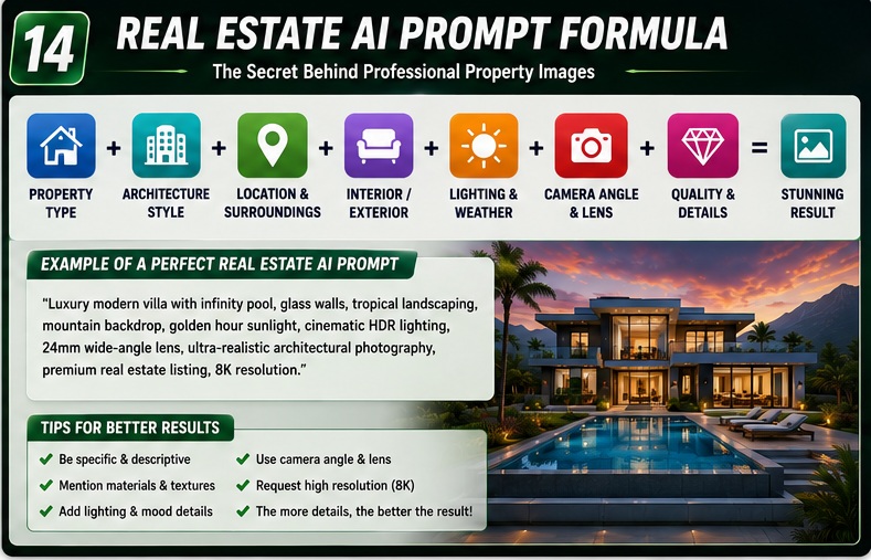 Advanced Real Estate AI Prompt Formula for creating ultra-realistic property marketing images