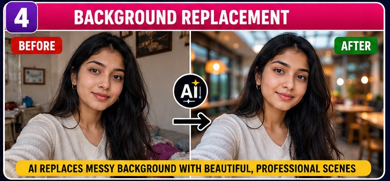 AI Selfie Enhancement Prompts for automatic background replacement and portrait enhancement