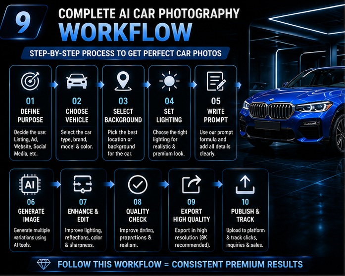 Complete AI car photography workflow for professional dealership vehicle images