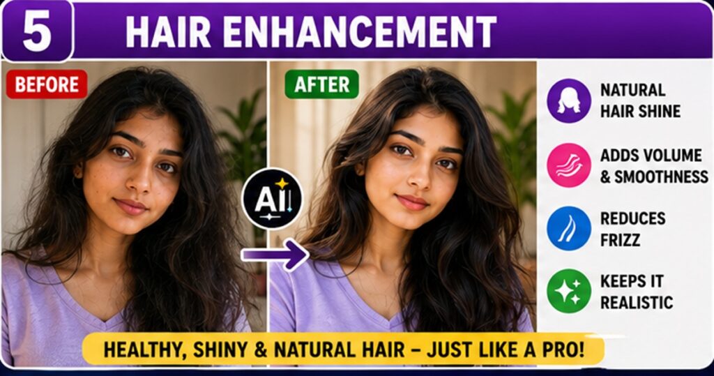 AI Selfie Enhancement Prompts for realistic hair enhancement and natural shine