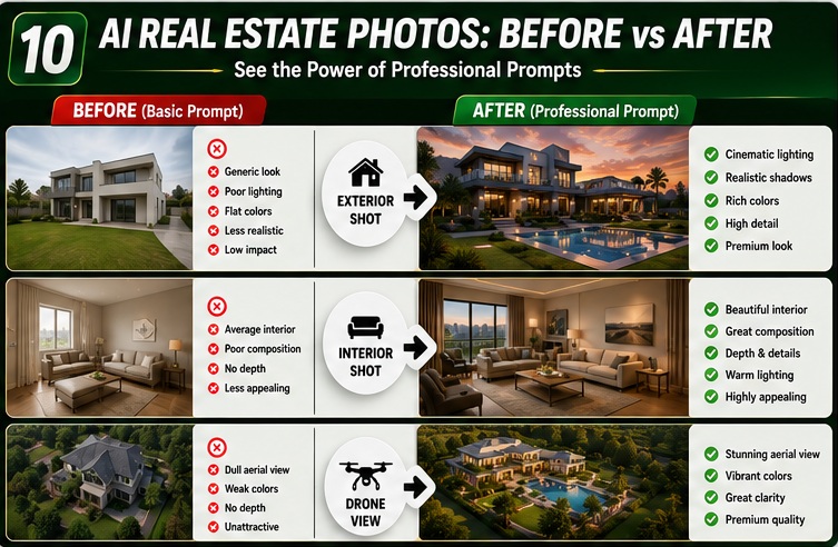 Before and after comparison of basic and professional AI-generated real estate photos