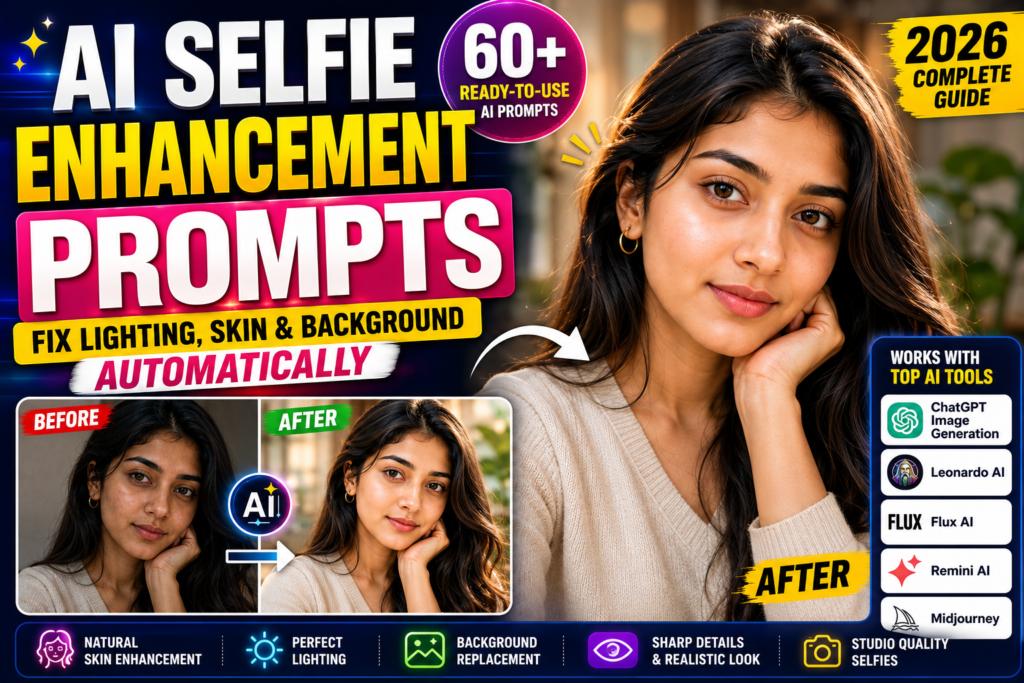 AI Selfie Enhancement Prompts guide showing how to fix lighting, improve skin, and replace backgrounds automatically for realistic professional selfies