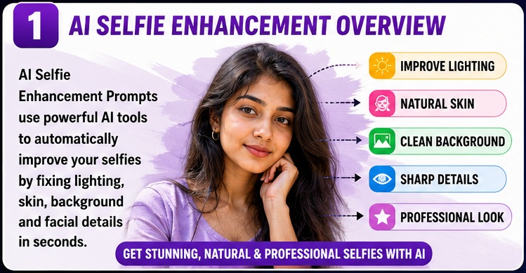 AI Selfie Enhancement Prompts introduction showing lighting skin and background enhancement