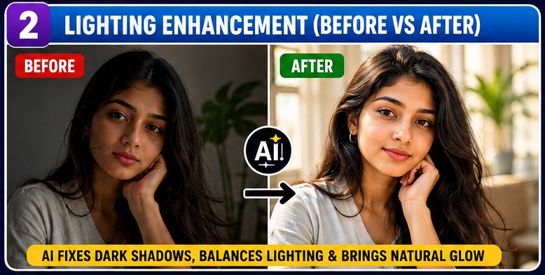 AI Selfie Enhancement Prompts for fixing poor lighting with before and after comparison