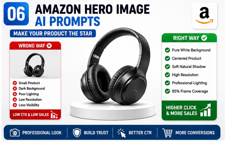 Amazon hero image AI prompts showing correct product presentation for professional product listings