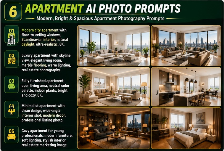 Apartment AI photo prompts for modern flats, penthouses, and residential property listings