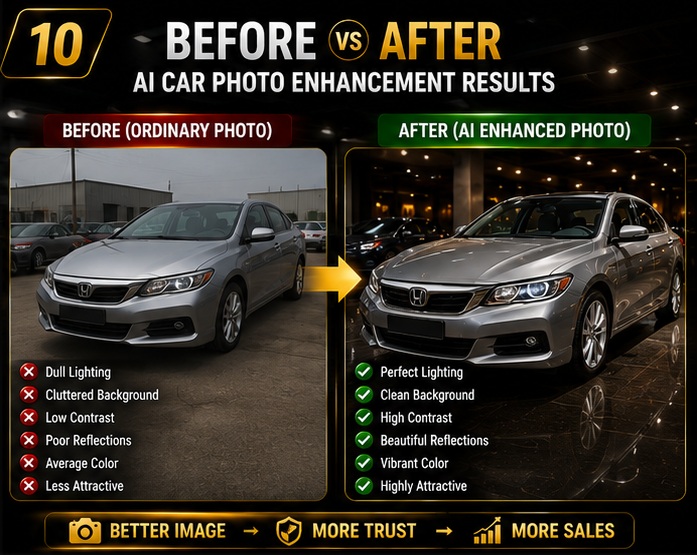 Before vs After AI car photo enhancement showing professional vehicle photography improvement