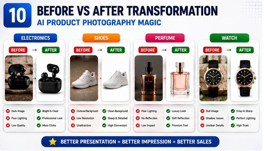 Before and after comparison of AI-enhanced product photography for e-commerce listings