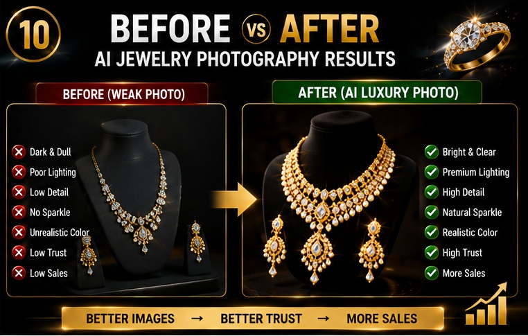 Before vs after comparison of AI-enhanced jewelry photography showing premium quality improvement
