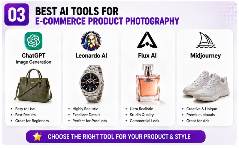 Best AI tools for E-Commerce Product Photo AI Prompts including ChatGPT Leonardo AI Flux AI and Midjourney