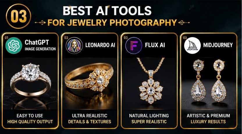 Best AI tools for Jewelry Photography AI Prompts including ChatGPT Image Generation Leonardo AI Flux AI and Midjourney