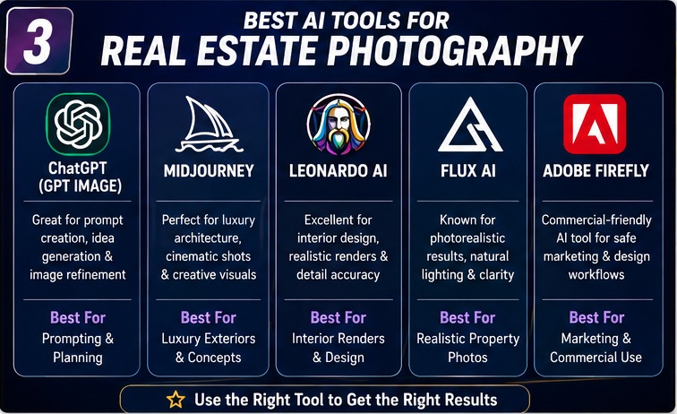 Best AI tools for real estate photography including ChatGPT, Midjourney, Leonardo AI, Flux AI, and Adobe Firefly