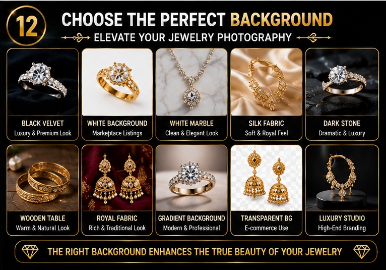 Best luxury backgrounds for jewelry photography including black velvet white marble silk and studio backgrounds