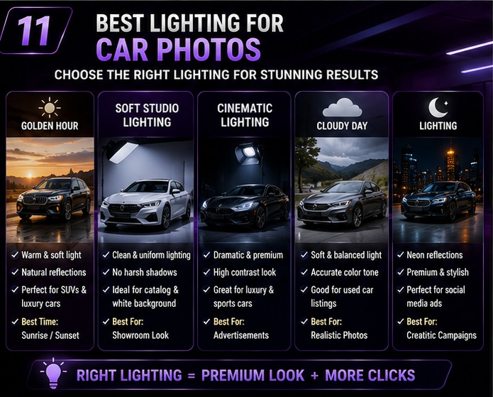 Best lighting techniques for AI car photography including golden hour studio and cinematic lighting