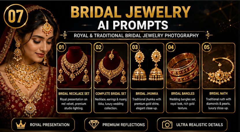 Bridal Jewelry AI Prompts for luxury wedding necklace earrings bangles and bridal jewelry photography