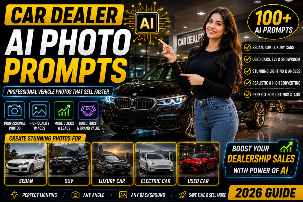 Car Dealer AI Photo Prompts for creating professional dealership-quality vehicle photos using AI tools