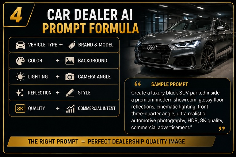 Professional Car Dealer AI Prompt Formula for creating realistic dealership quality vehicle images