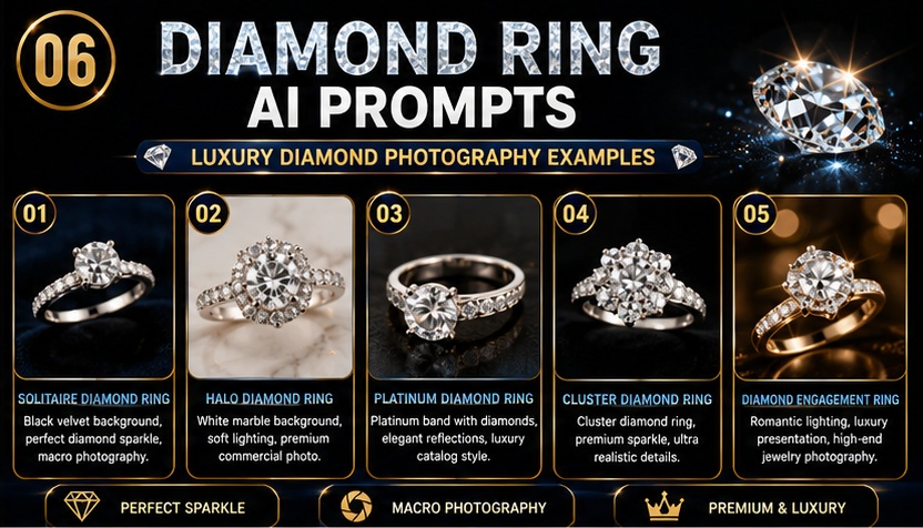 Diamond Ring AI Prompts for premium engagement ring and luxury gemstone product photography