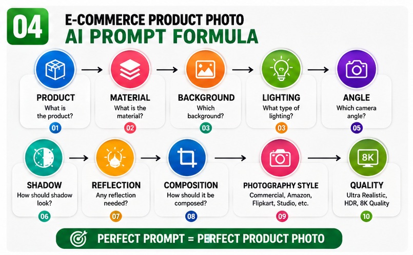 Professional E-Commerce Product Photo AI Prompts formula for generating Amazon and Flipkart style product images