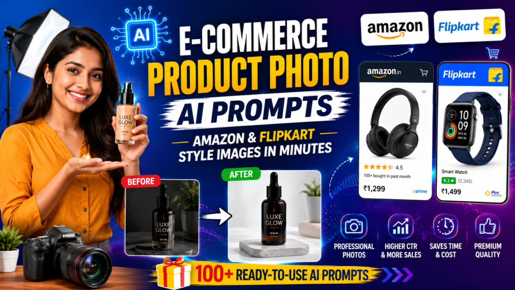 E-Commerce Product Photo AI Prompts guide for creating Amazon and Flipkart style product images using AI