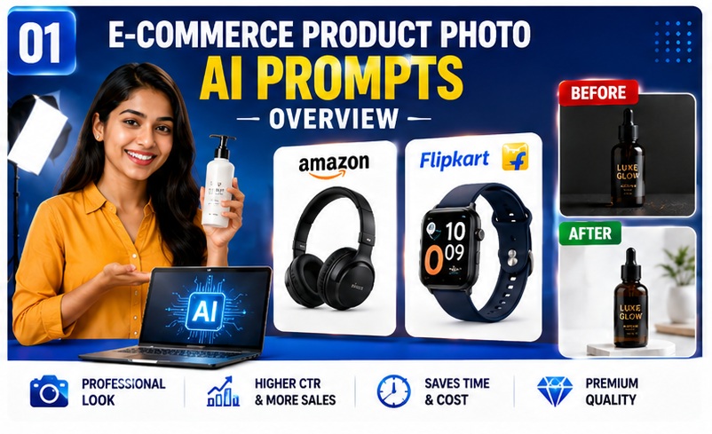 E-Commerce Product Photo AI Prompts overview for creating professional marketplace product images using AI