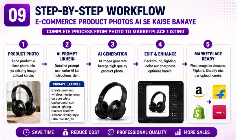 Step by step workflow for creating professional AI-generated e-commerce product photos