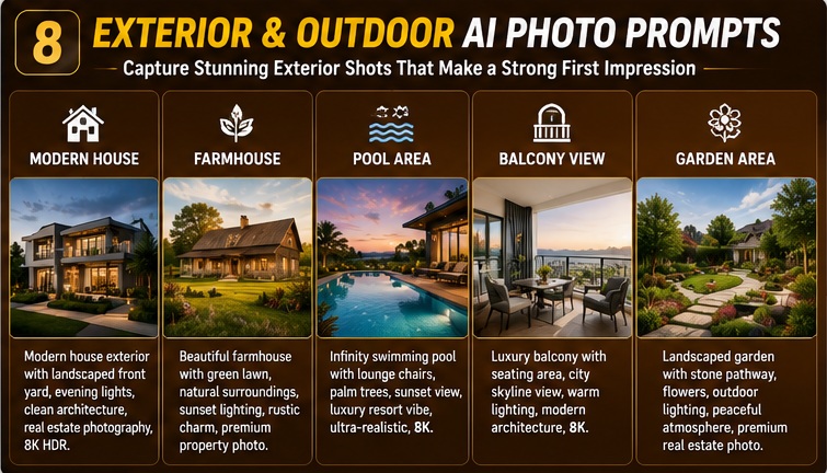 Exterior property AI photo prompts for houses, villas, commercial buildings, and architectural photography