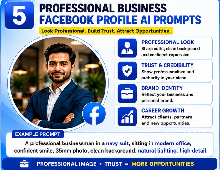 Business Facebook Profile AI Photo Prompts for professional entrepreneurs and companies