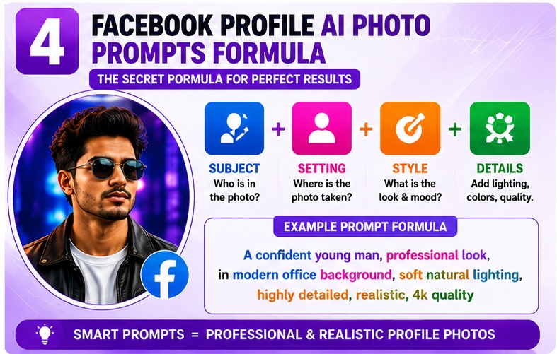 Professional Facebook Profile AI Photo Prompts formula for creating realistic profile pictures