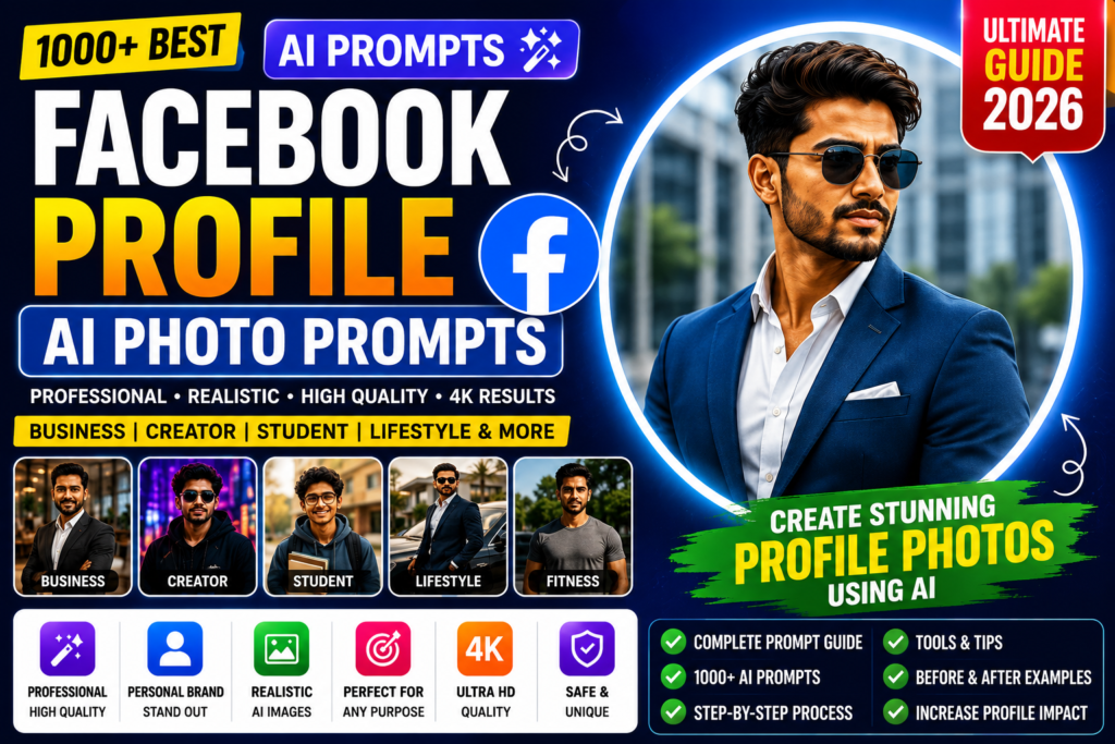 Facebook Profile AI Photo Prompts guide showing how to create professional Facebook profile pictures with AI for business creators students and personal branding