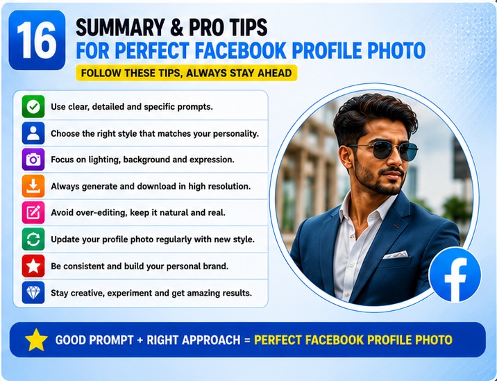 Complete Facebook Profile AI Photo Prompts guide summary with professional AI profile picture workflow