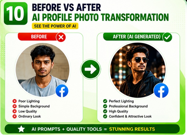Facebook Profile AI Photo Prompts before and after comparison showing realistic improvement