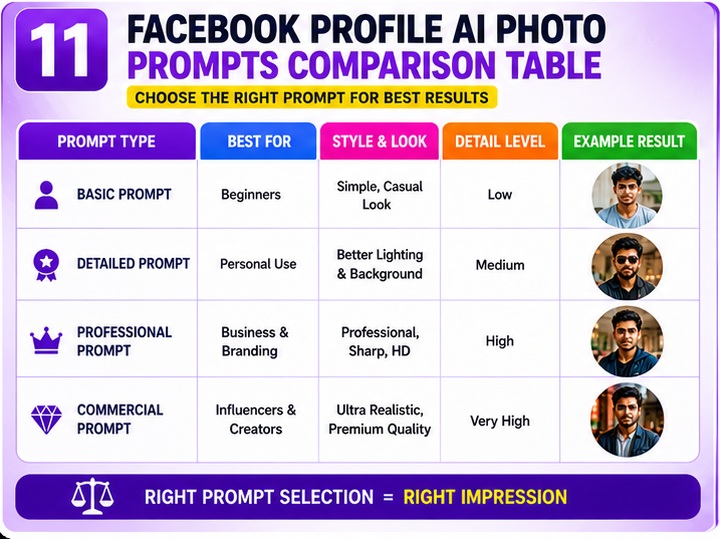 Facebook Profile AI Photo Prompts comparison of basic detailed professional and commercial prompts