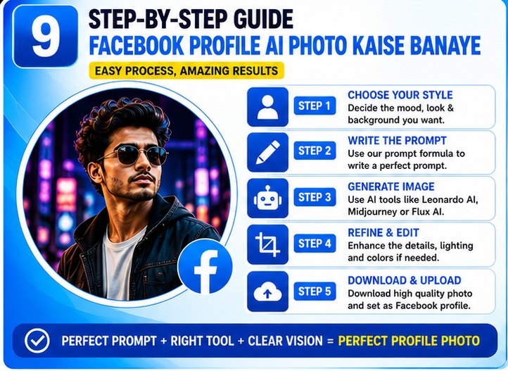 Step by step Facebook Profile AI Photo Prompts workflow from selfie to professional profile picture