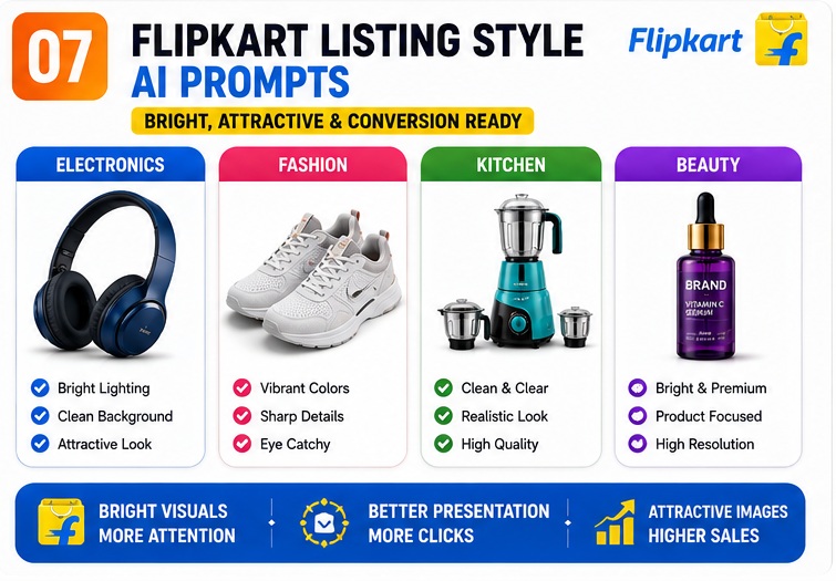 Flipkart listing style AI prompts for electronics fashion beauty and kitchen product photography