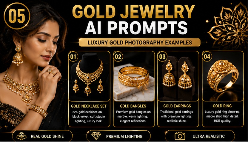 Gold Jewelry AI Prompts for creating luxury necklace bangles earrings and ring product photography