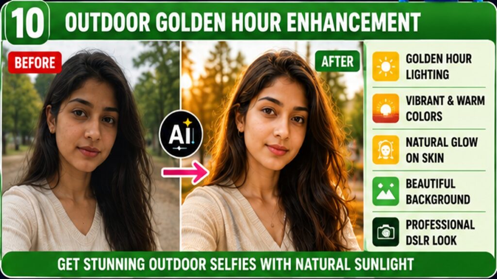 AI Selfie Enhancement Prompts for outdoor golden hour portrait photography