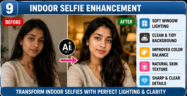 AI Selfie Enhancement Prompts for improving indoor selfies with better lighting