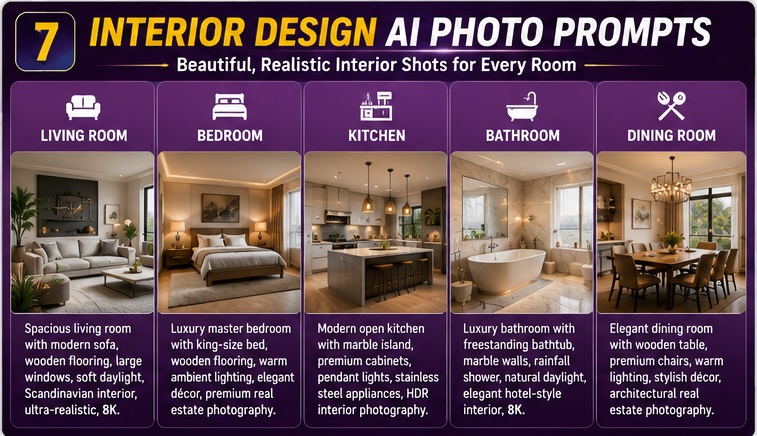 Interior design AI photo prompts for living room, kitchen, bedroom, and luxury home interiors