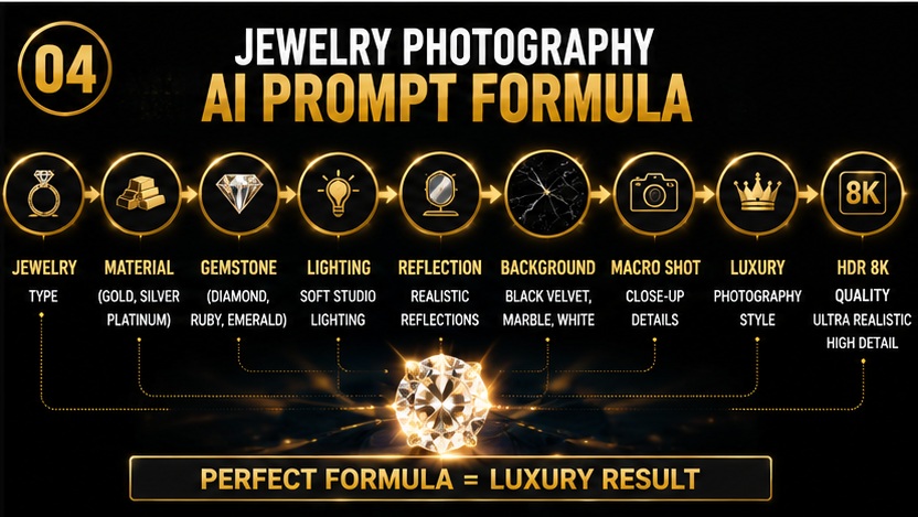 Professional Jewelry Photography AI Prompt Formula for creating luxury jewelry product images with AI