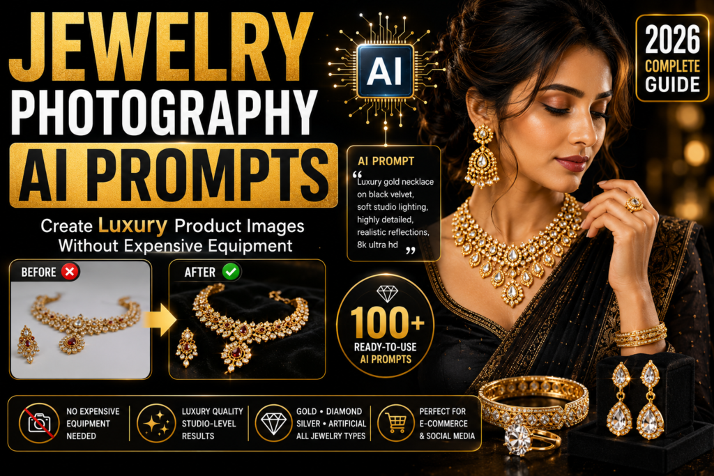 Jewelry Photography AI Prompts for creating luxury gold, diamond, silver and artificial jewelry product images without expensive equipment