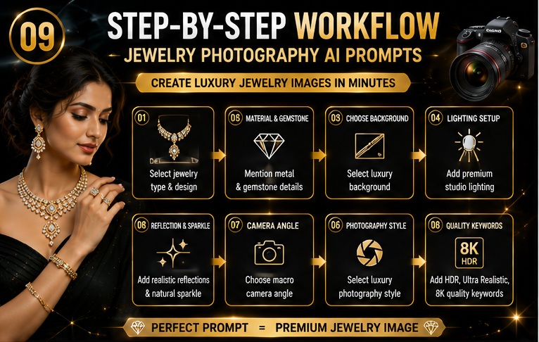 Step by step Jewelry Photography AI workflow for creating luxury product images