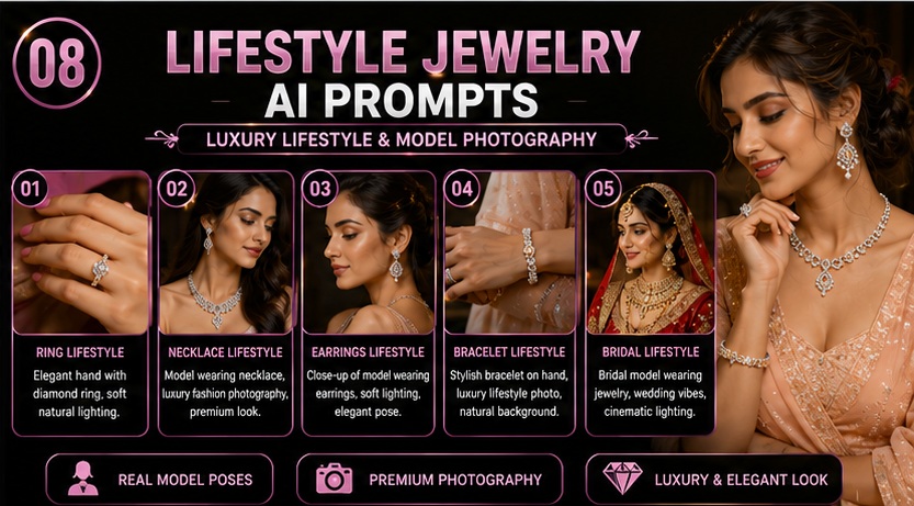 Lifestyle Jewelry Photography AI Prompts for luxury fashion and model-based jewelry photography